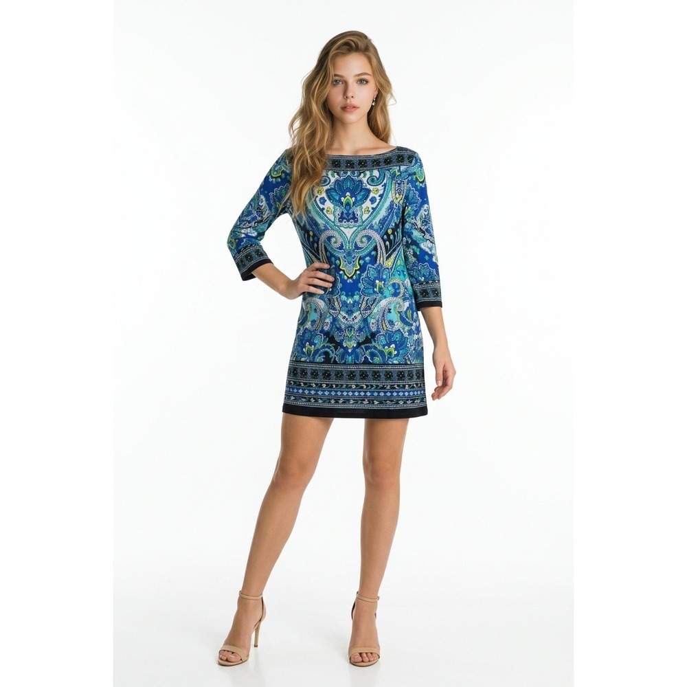 Sandra Darren Women Blue Green Paisley Print Boat  3/4 Sleeve Sheath Dress 6
